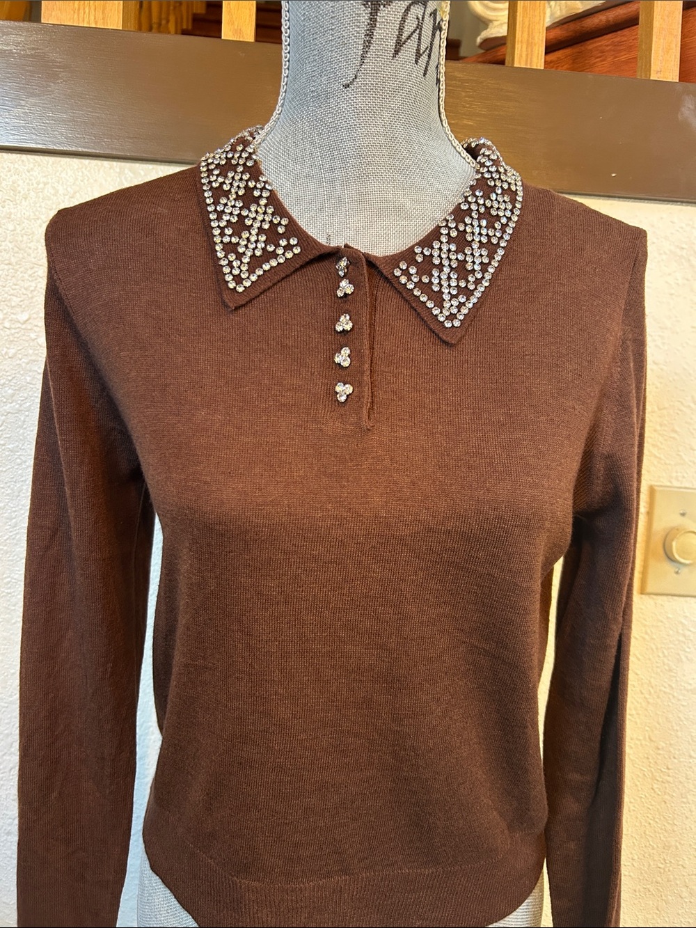 Zara Brown Knit Long-Sleeve Top with Jeweled Collar